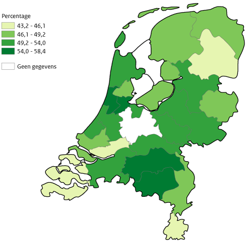 Kaart van Nederland met het aantal wekelijkse sporters per GGD regio